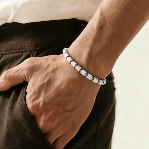 White Howlite Mens Stretch Bracelet 6mm: Silver Plated, Stainless Steel, Protection, Calm, Balance, Focus, Healing Energy, Gift for Him
