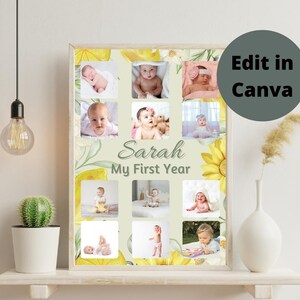 Babys First Year Poster, Editable Canva Template, 1st Birthday Photos Print, My First Year Print,Year in pictures, Printable 1st Year Poster
