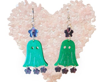 Green and purple Ghost and flower earrings