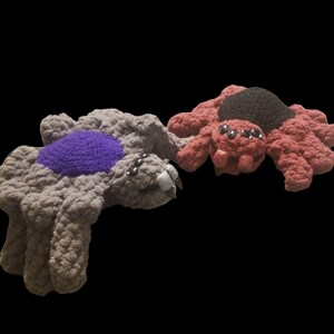Cute but deadly plushy Spiders with fangs. Available in 2 sizes. Amigurumi with saftey eyes and resin fangs. Spooky Halloween perfect gift