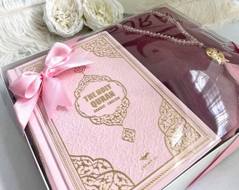 Pink English Quran, Ramadan Gift, Ramadan Gift, Eid Gift, English Leather Quran Set, Thick Prayer Rug, Crystal Tasbih, Translate Quran Gift