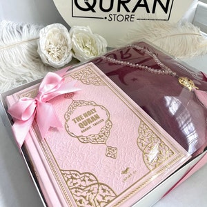 Pink English Quran, Ramadan Gift, Ramadan Gift, Eid Gift, English Leather Quran Set, Thick Prayer Rug, Crystal Tasbih, Translate Quran Gift