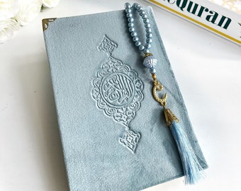 Baby Blue Quran Gift, Ramadan Quran Gift, Velvet Cold Press Arabic Quran Tasbih, Muslim Wedding Quran Gift, Prayerbeads, Eid Mubarak Gift