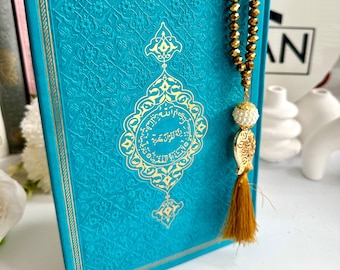 Large Blue Arabic Quran, Ramadan Quran Gift for Muslim Friend, Ramadan Gift, Islamic Eid Gift, Arabic Leather Quran, Prayer Rug, Tasbih
