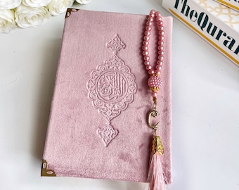 Soft Pink Quran Gift, Ramadan Gift, Velvet Pressed Arabic Quran with Tasbih, Muslim Woman Quran Gift, Special Quran Gift, Eid Mubarak Gift