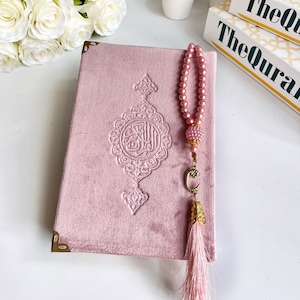 Soft Pink Quran Gift, Ramadan Gift, Velvet Pressed Arabic Quran with Tasbih, Muslim Woman Quran Gift, Special Quran Gift, Eid Mubarak Gift