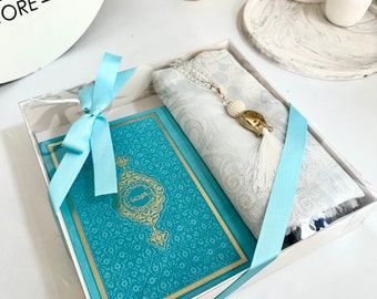 Medium Blue Arabic Quran, Quran Gift Set, Muslim Friend Gift, Ramadan Gift, Islamic Eid Gift, Arabic Leather Quran, Prayer Rug, Crystal Tasb