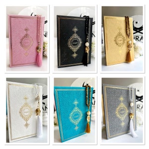 Large Silver Arabic Quran Gift Set, Leather, Prayer Rug & Tasbih