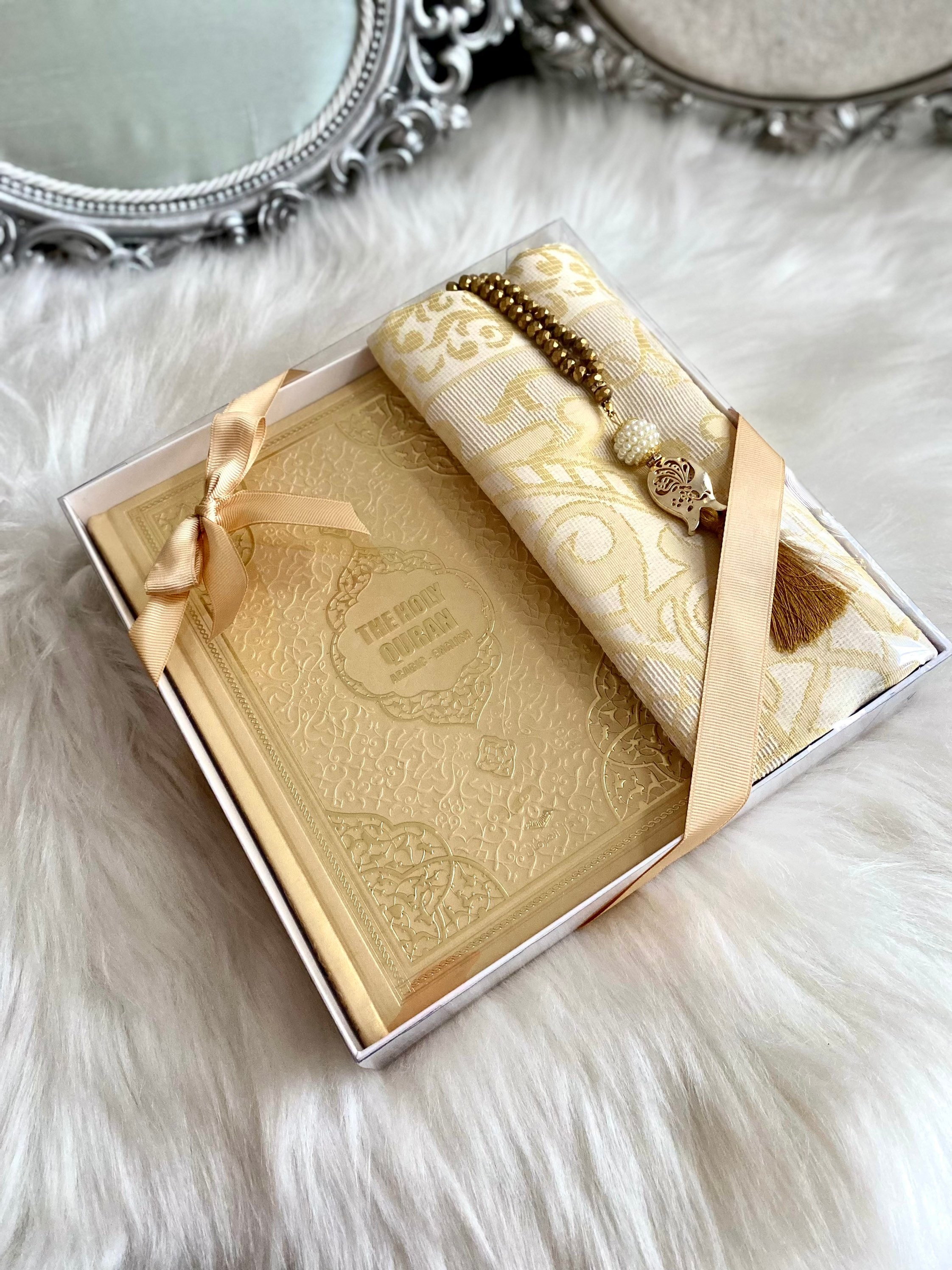 Gold English Translate Quran Gift, Ramadan Kareem Gift, Eid-ul Fitr, Islamic Gift, Prayer Rug Gift Set, Crystal Tasbih, Gold Leather Quran
