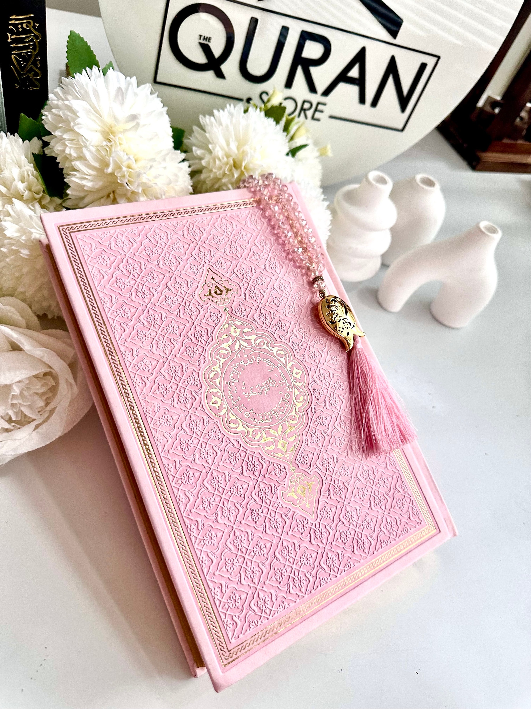 Large Soft Pink Arabic Quran, Special Quran Set, Muslim Woman Quran Gift, Eid Gift, Arabic Thermo Leather Quran, Prayer Rug, Crystal Tasbih