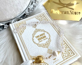 White English Quran, Ramadan Gift, Islamic Eid Gift, English Thermo Leather Pink Quran Set, Prayer Rug, Crystal Tasbih, Translate Quran Gift