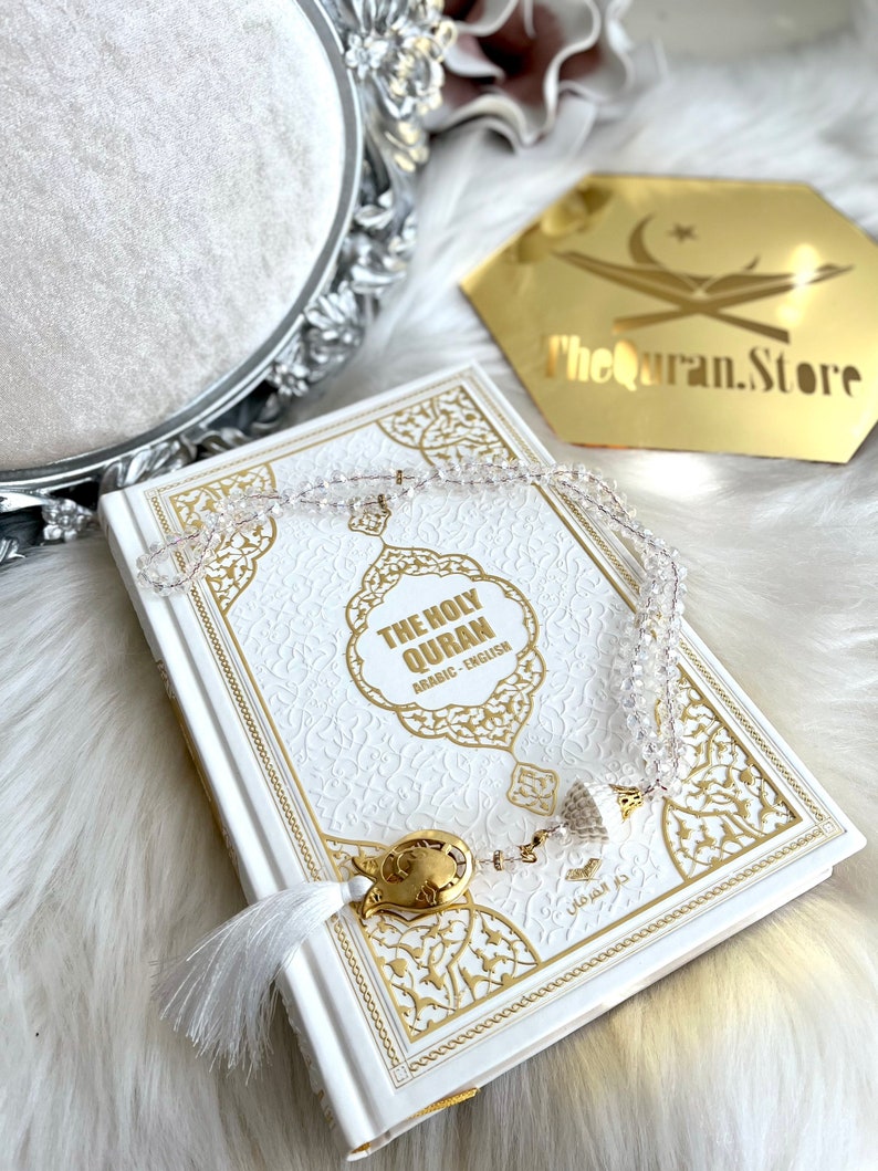 White English Quran, Ramadan Gift, Islamic Eid Gift, English Thermo Leather Pink Quran Set, Prayer Rug, Crystal Tasbih, Translate Quran Gift image 1