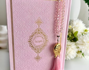 Medium Soft Pink Arabic Quran, Special Quran Set, Muslim Friend Gift, Eid Gift, Arabic Thermo Leather Quran, Prayer Rug, Crystal Tasbih