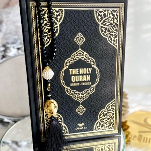 Black English Quran Translation, English Leather Quran Set, Ramadan Gifts, Men Islamic Gift, PrayerRug, Crystal Tasbih, Translate Quran Gift