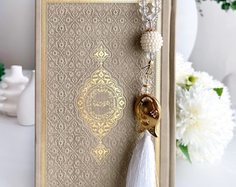 Medium Beige Arabic Quran, Special Quran Gift Set, Ramadan Gift, Islamic Eid Gift, Arabic Thermo Leather Quran, Prayer Rug, Crystal Tasbih
