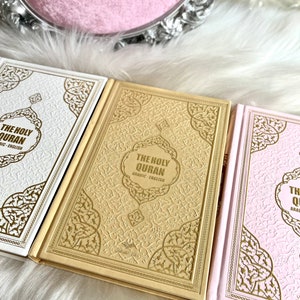 White English Quran, Ramadan Gift, Islamic Eid Gift, English Thermo Leather Pink Quran Set, Prayer Rug, Crystal Tasbih, Translate Quran Gift image 3