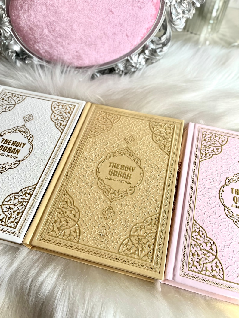 White English Quran, Ramadan Gift, Islamic Eid Gift, English Thermo Leather Pink Quran Set, Prayer Rug, Crystal Tasbih, Translate Quran Gift image 3