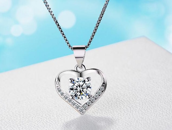Sterling Silver Heart Pendant Necklace CZ Heart Necklace for Women