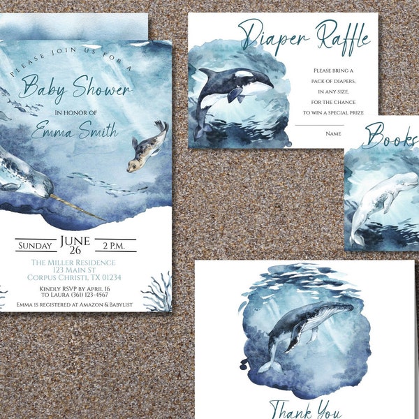 EDITABLE Under the Sea Baby Shower Invitation, Narwhal Baby Shower Invitation, Arctic Sea Printable Template, Instant Download Invitation