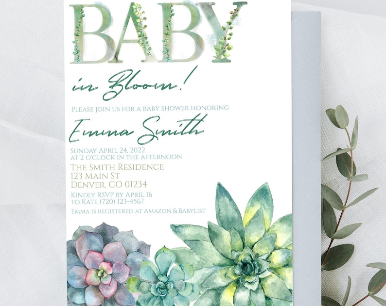 Instant download Baby in Bloom Baby Shower Invitation set editable template Succulents Baby Shower Invitation books diapers