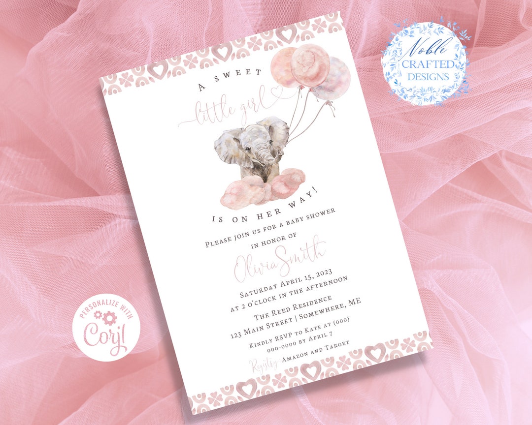 EDITABLE Elephant Baby Shower Girl Invitation Set, Pink Balloons ...