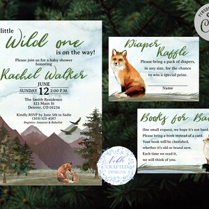 Editable Wild One Baby Shower Invitation Set, Fox Baby Shower Invitation Suite, Signo de pañal, Libro, Montañas, plantilla, descarga instantánea