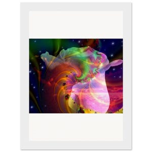 May include: Abstract digital art print with a swirling design in pink, purple, green, and orange. The artwork resembles a stylized flower or celestial form, set against a dark, starry background. The image is framed in white.