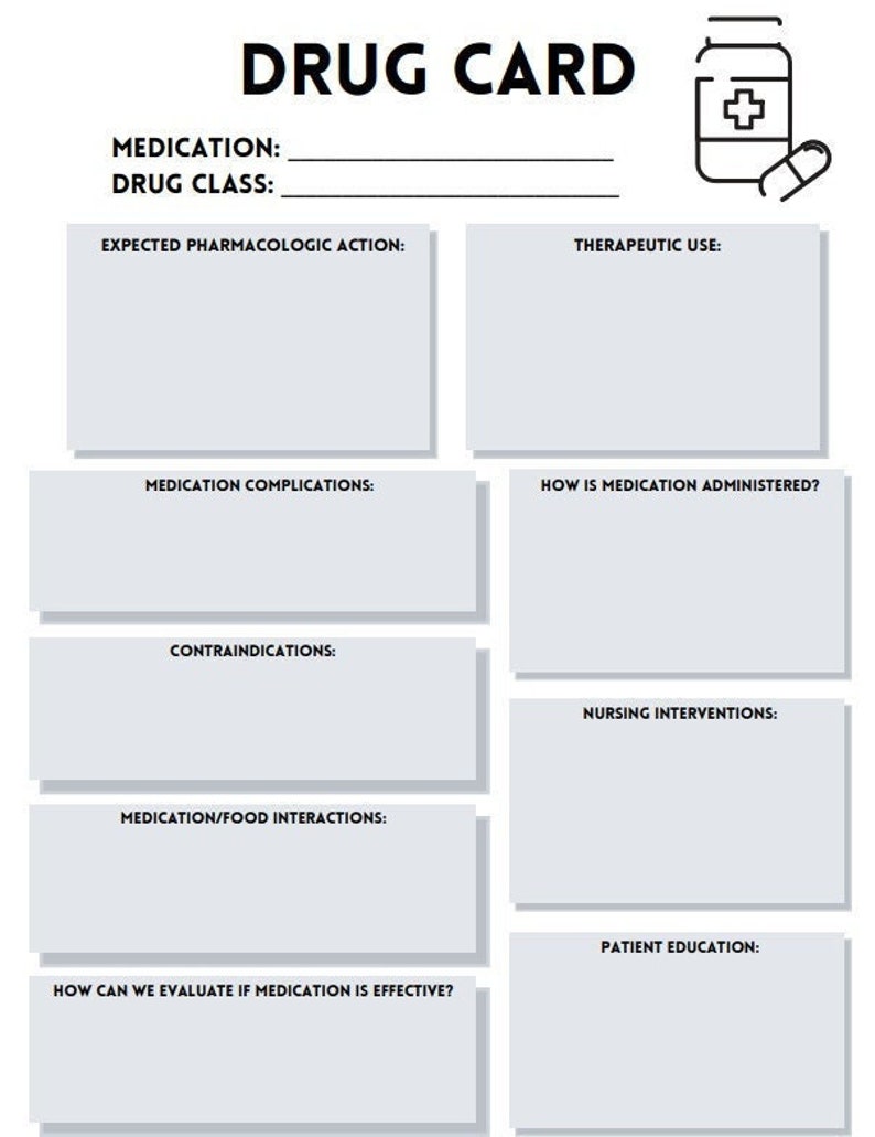 Nursing School Drug Card Template Etsy