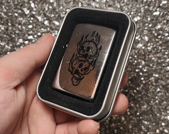 Traditional Skull Silver Flip Top Lighter | Tattoo Flash Alt Zippo Lighter | Gift for him | American Traditional Tattoo Inspired Skeleton |