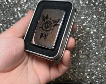 Traditional Rose Silver Flip Top Lighter | Tattoo Flash Zippo Lighter | Gift for him | American Traditional Tattoo Inspired |