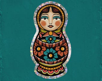 Matryoshka Doll Glitter Sticker | American Traditional Tattoo Stickers | Glitter Waterproof Russian Doll Sticker | Kindle Sticker |