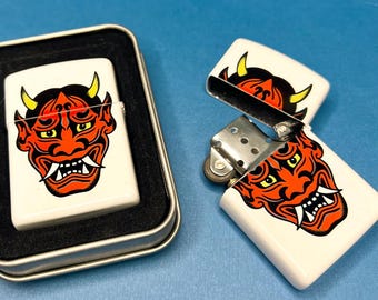 Traditional Hannya Mask Flip Top Lighter | Tattoo Flash Zippo Lighter | Gift for him | Japanese Traditional Tattoo Inspired |