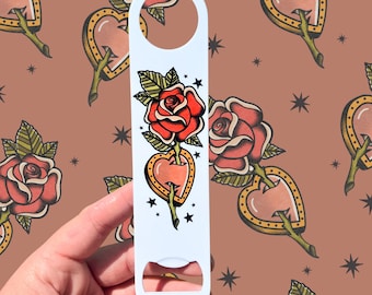 Traditional Rose Tattoo Bottle Opener | Neo-Traditional Tattoo Flash Bar Blade | Bartender Accessory | American traditional art |