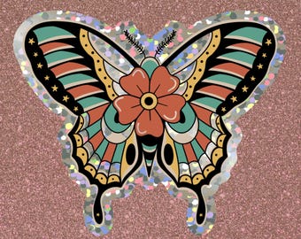 Traditional Butterfly Glitter Sticker | American Traditional Flower Stickers | waterproof sticker | Kindle Sticker | Water Bottle Sticker |