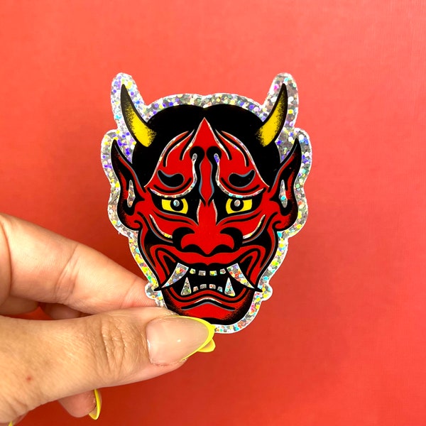 Hannya Mask Glitter Sticker | American Traditional Stickers | Glitter waterproof sticker | Kindle Sticker | Water Bottle Sticker | Peony |