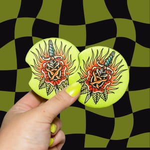 American Traditional Tattoo Car Coasters | Set of TWO | Tattoo Flash Cup Holder Decor | Gifts for him or her | Kewpie Doll | Hannya Mask |