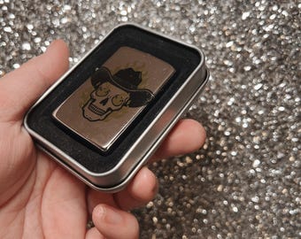 Traditional Silver Skeleton Cowboy Flip Top Lighter | Tattoo Flash Alt Zippo Lighter | Gift for him | American Traditional Tattoo Inspired |