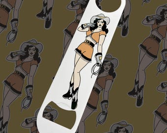Cowgirl Tattoo Flash Bottle Opener | American Traditional Bar Blade