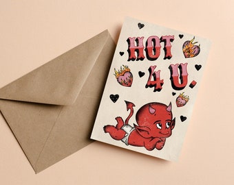 Hot Stuff 'Hot 4 U' Anniversary Card | American Traditional Little Devil Love Card | Gift for Husband / Gift for Wife |