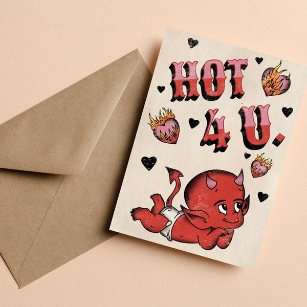 Hot Stuff 'Hot 4 U' Anniversary Card | American Traditional Little Devil Love Card | Gift for Husband / Gift for Wife |