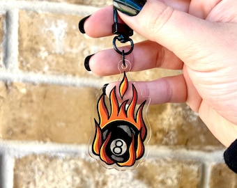 Flaming 8 Ball Acrylic Keychain | American Traditional Tattoo Bag Charm