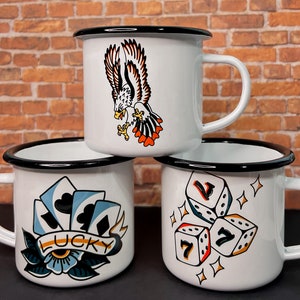 American Traditional Inspired Camper Mugs | TenStrikeMatchCo x Seventh Eclectic Collab | Traditional Tattoo Coffee Cups | Gifts for him |