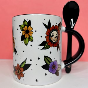 Kewpie Coffee Cup | Kewpie Doll Camper Mug | Floral Tattoo Inspired Insulated Tumbler | Unique Gift for Him or Her | Christmas Gift |