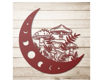 Moon and Mushrooms Wall Art • Housewarming Gift • Crescent Moon Metal Art • Boho Art • Cottage Core Metal Wall Art