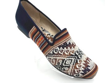 Blue Loafers, Ethnic Fabric Shoes, Genuine Leather lining. Comfortable Mocasins. Limited Edition Release.