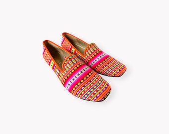 Andean Textile Loafers, Orange Pink Sparkle, Genuine Leather Insole, Eco-Friendly Style