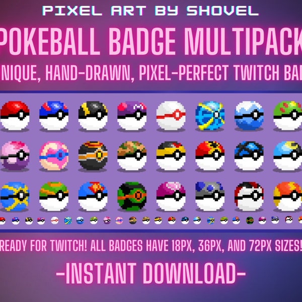 24 PokeBall Pixel Art Twitch Sub Badges! 8 Bit Pokemon Poke Ball Badges for Twitch!