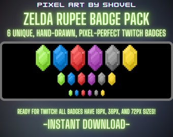 May include: A set of six pixel art Twitch badges featuring different coloured rupee designs from the Legend of Zelda video game series. The badges are available in three sizes: 18px, 36px, and 72px.
