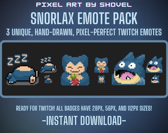 May include: A digital illustration of a blue Snorlax character in various poses. The image includes the text "PIXEL ART BY SHOVEL", "SNORLAX EMOTE PACK", "3 UNIQUE, HAND-DRAWN, PIXEL-PERFECT TWITCH EMOTES", "READY FOR TWITCH! ALL BADGES HAVE 28PX, 56PX, AND 112PX SIZES!" and "INSTANT DOWNLOAD".
