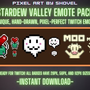 Stardew Valley Twitch Emotes! Pixel Art Junimo, Cat Face Smile Emote, and Cow Moo Emotes!